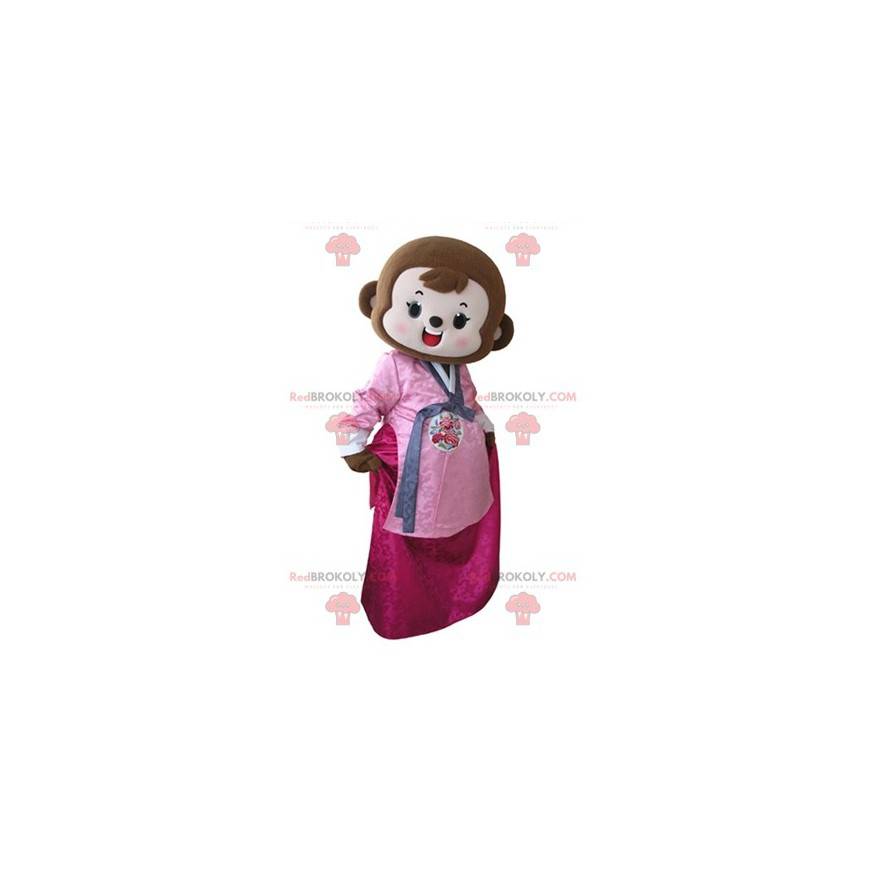 Bruine aap mascotte gekleed in roze jurk - Redbrokoly.com