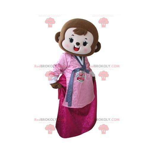 Brown monkey mascot dressed in pink dress - Redbrokoly.com