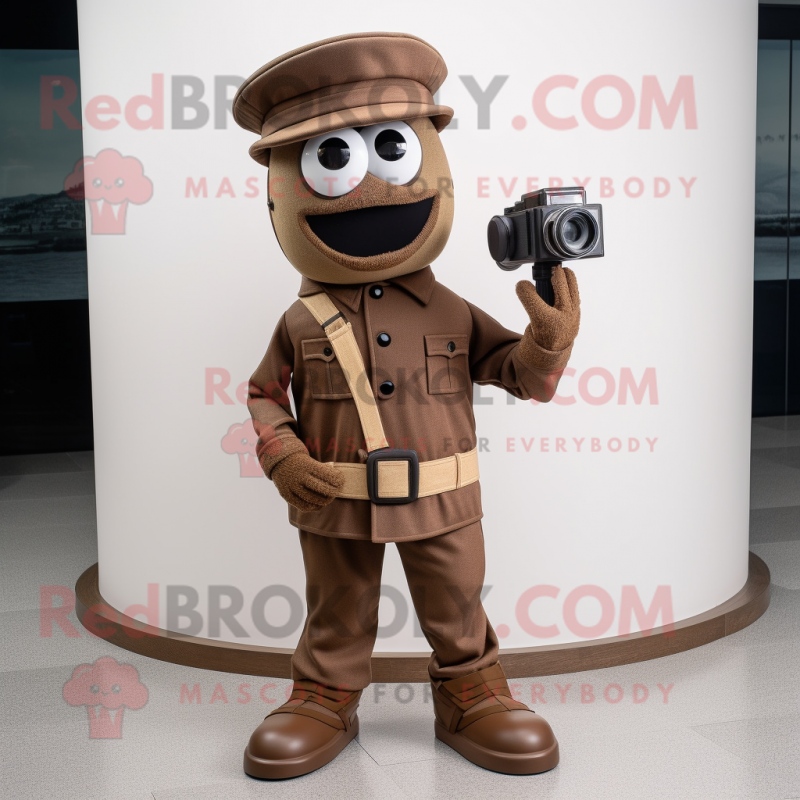 Brown Camera mascot costume character dressed with a Jeggings and Berets