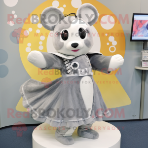 Gray Ermine mascot costume character dressed with a Circle Skirt and Hair clips