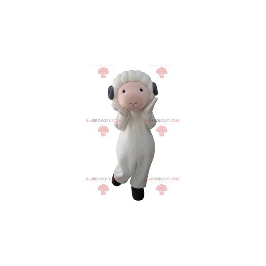 Mascote ovelha branca e rosa com chifres cinzentos -