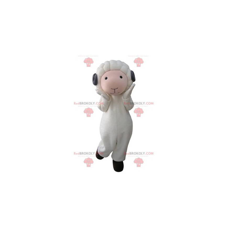 Mascotte delle pecore bianche e rosa con le corna grigie -