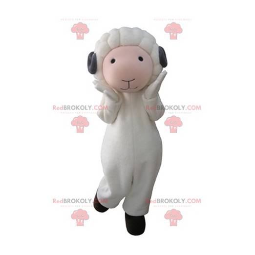 Mascote ovelha branca e rosa com chifres cinzentos -