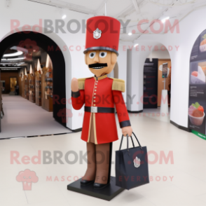 Rust British Royal Guard mascot costume character dressed with a Evening Gown and Tote bags