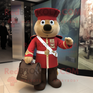 Rust British Royal Guard mascot costume character dressed with a Evening Gown and Tote bags