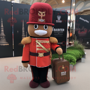 Rust British Royal Guard mascot costume character dressed with a Evening Gown and Tote bags