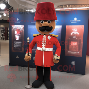 Rust British Royal Guard mascot costume character dressed with a Evening Gown and Tote bags
