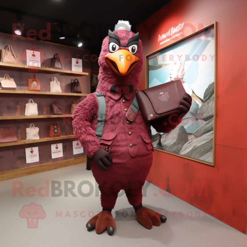 Maroon Pigeon mascot costume character dressed with a Joggers and Clutch bags