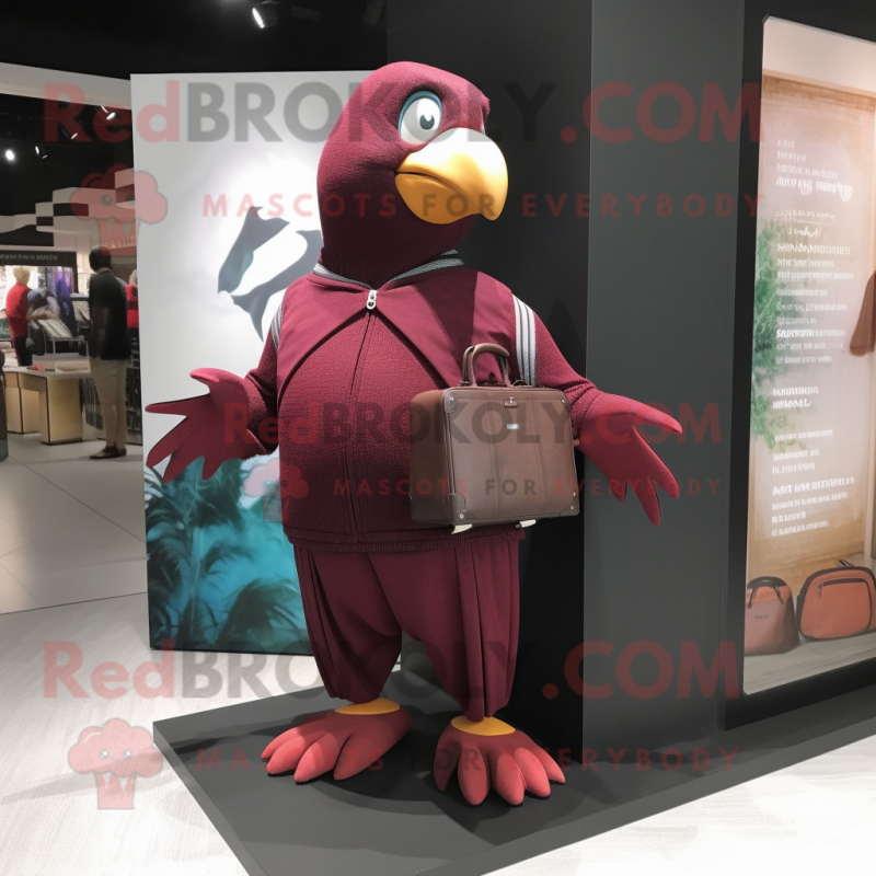Maroon Pigeon mascot costume character dressed with a Joggers and Clutch bags Maroon Pigeon mascot costume character dressed with a Joggers and Clutch bags