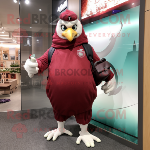 Maroon Pigeon mascot costume character dressed with a Joggers and Clutch bags