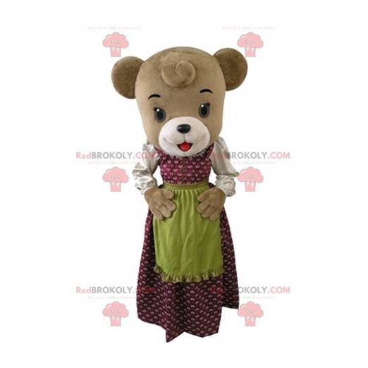 Mascotte orso bruno vestito con un abito con un grembiule -