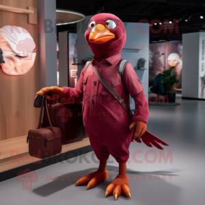 Maroon Pigeon mascot costume character dressed with a Joggers and Clutch bags