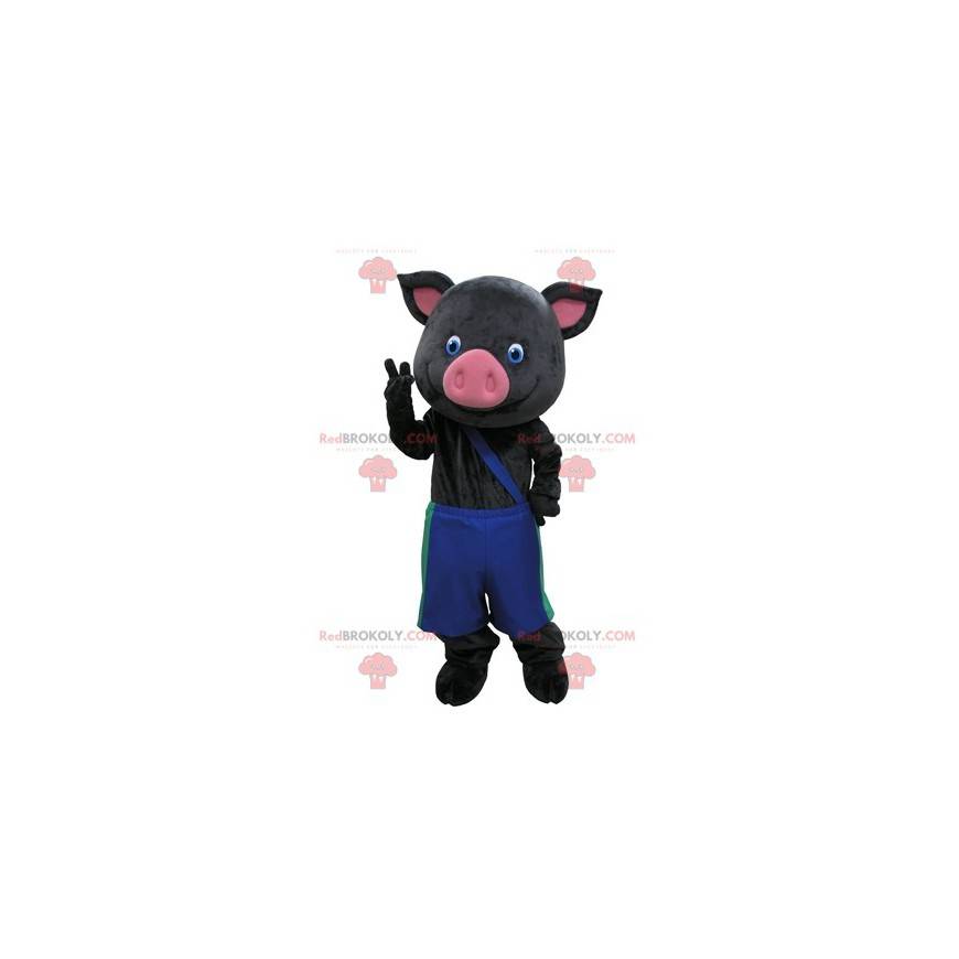 Mascota de cerdo negro y rosa con pantalón azul - Redbrokoly.com