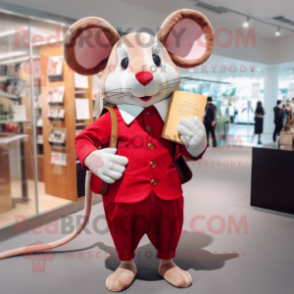 Red Mouse mascot costume character dressed with a Waistcoat and Clutch bags