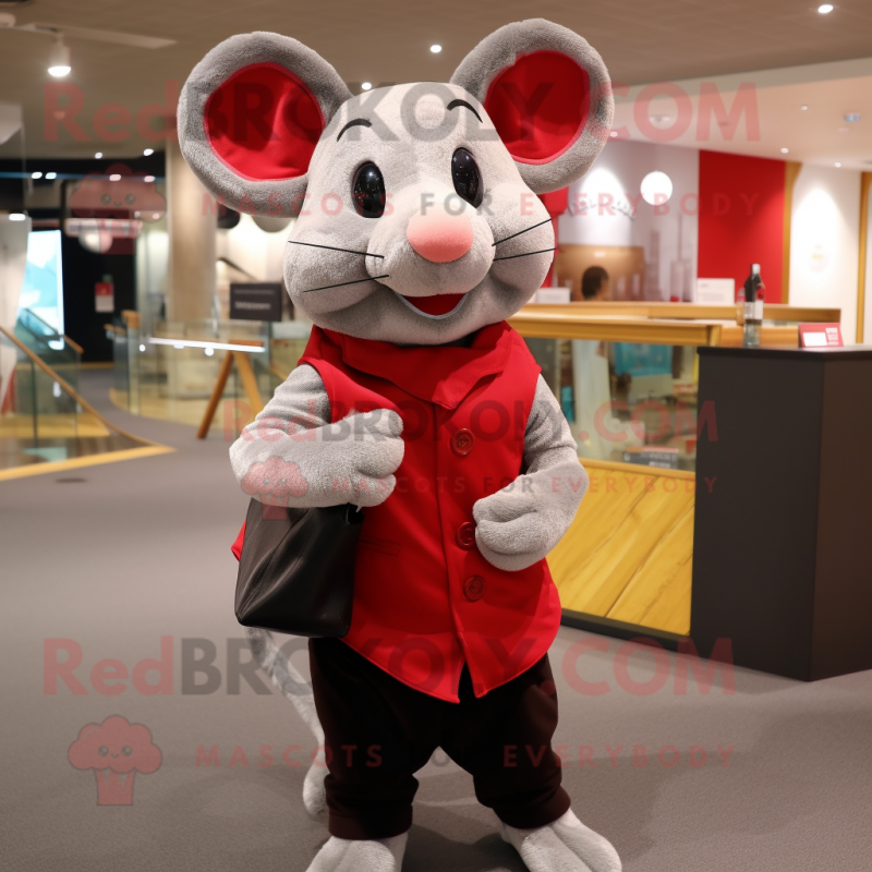 Red Mouse mascot costume character dressed with a Waistcoat and Clutch bags