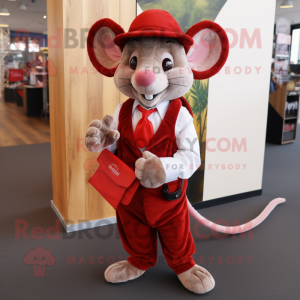 Red Mouse mascot costume character dressed with a Waistcoat and Clutch bags