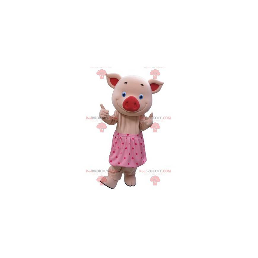 Pink pig mascot with blue eyes and a polka dot skirt -