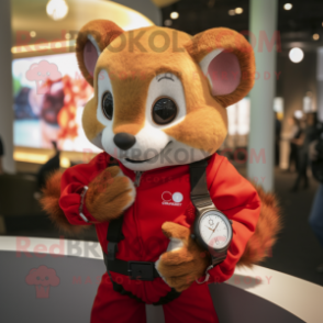 Red Dormouse mascot costume character dressed with a Romper and Smartwatches