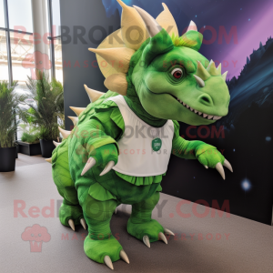 Green Triceratops mascot costume character dressed with a Pleated Skirt and Lapel pins