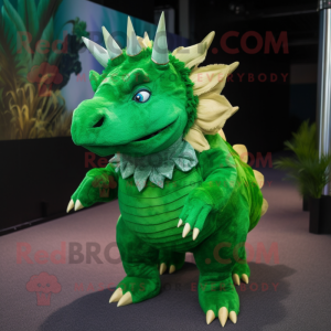 Green Triceratops mascot costume character dressed with a Pleated Skirt and Lapel pins