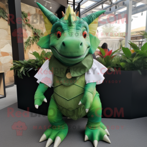Green Triceratops mascot costume character dressed with a Pleated Skirt and Lapel pins