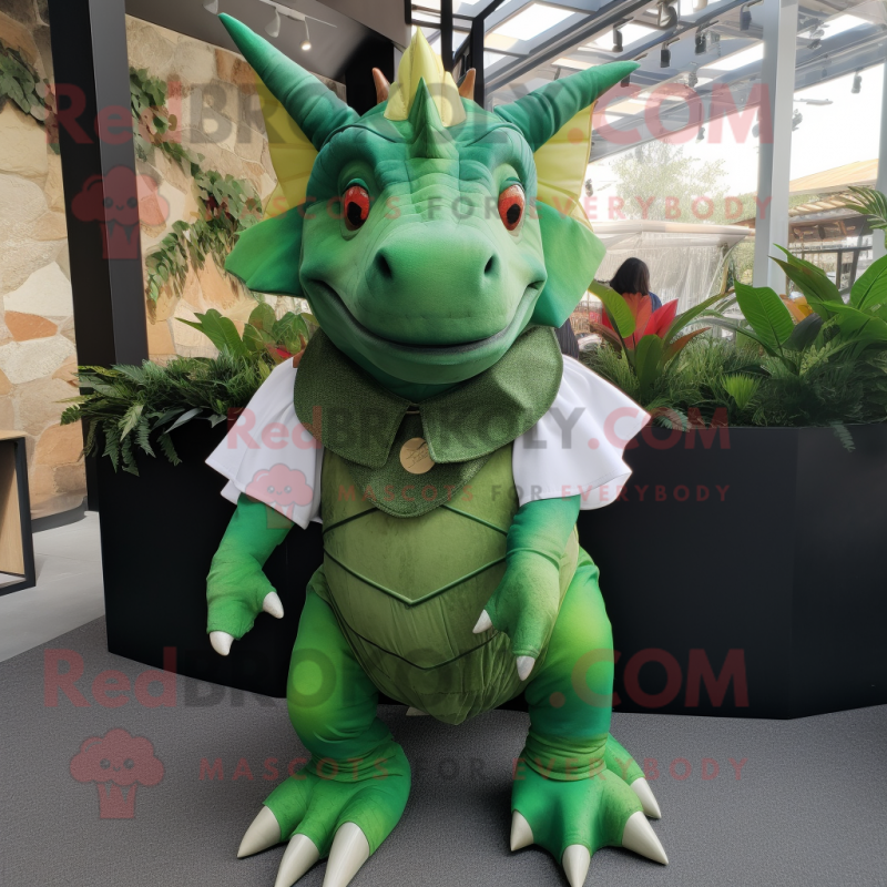 Green Triceratops mascot costume character dressed with a Pleated Skirt and Lapel pins