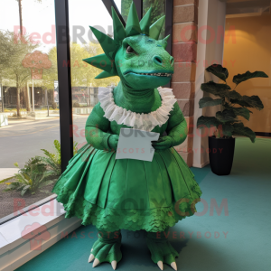 Green Triceratops mascot costume character dressed with a Pleated Skirt and Lapel pins