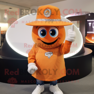 Orange Engagement Ring mascot costume character dressed with a Sweatshirt and Hat pins