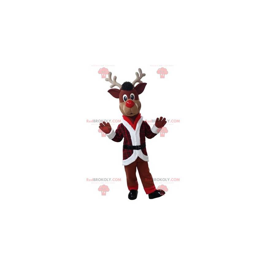 Christmas reindeer mascot in red and white outfit -