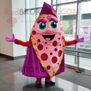 Magenta Pizza Slice mascot costume character dressed with a A-Line Dress and Shawl pins