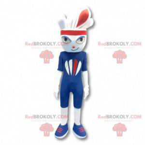 Mascotte coniglio sportivo bianco vestita di blu -