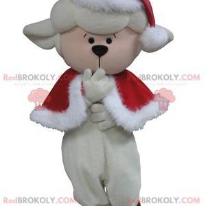 Mascote ovelha branca em traje de Natal - Redbrokoly.com