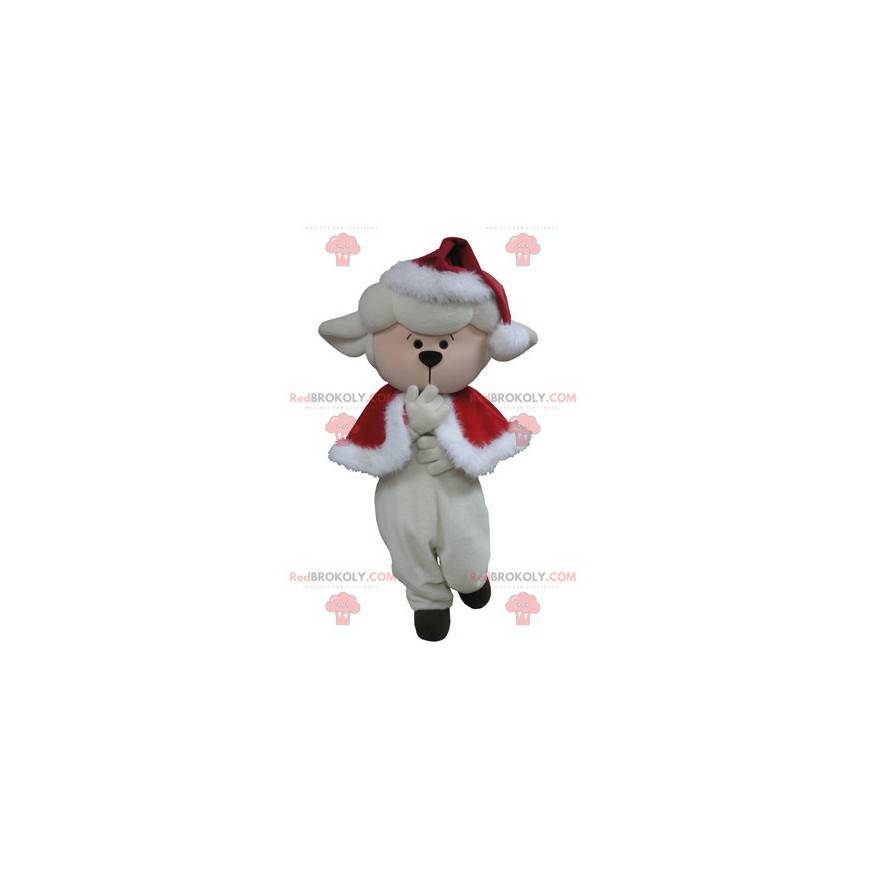 White sheep mascot in Christmas outfit - Redbrokoly.com