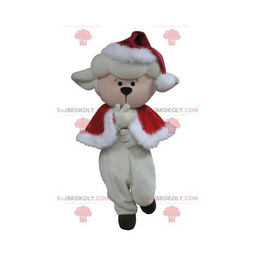 Mascote ovelha branca em traje de Natal - Redbrokoly.com