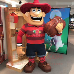 Red Fajitas mascot costume character dressed with a Rugby Shirt and Handbags