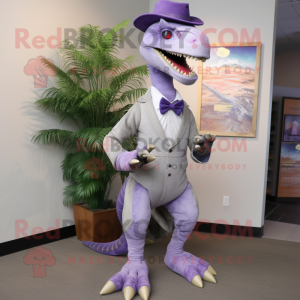 Lavender Utahraptor mascot costume character dressed with a Capri Pants and Tie pins