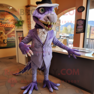 Lavender Utahraptor mascot costume character dressed with a Capri Pants and Tie pins