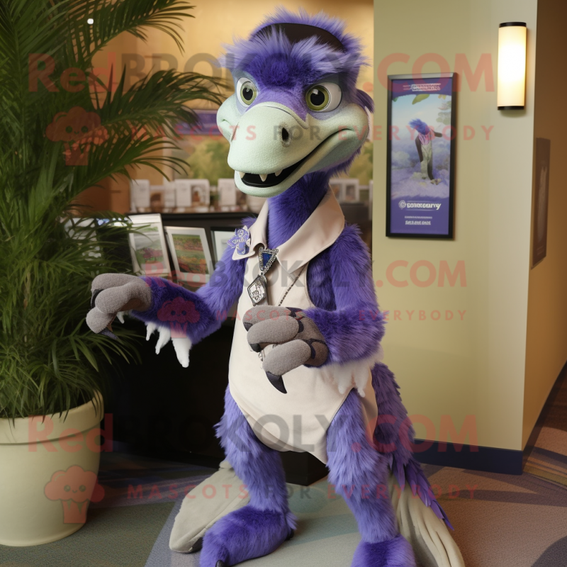 Lavender Utahraptor mascot costume character dressed with a Capri Pants and Tie pins