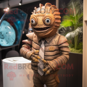 Brown Trilobite mascot costume character dressed with a Suit and Bracelets