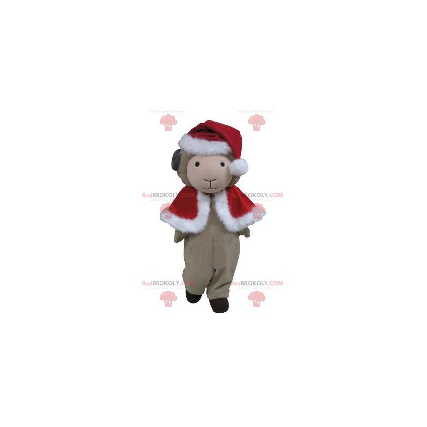 Graues Schafmaskottchen im roten Weihnachtsoutfit -