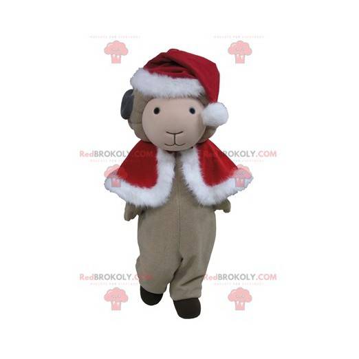 Mascote ovelha cinza com roupa vermelha de Natal -
