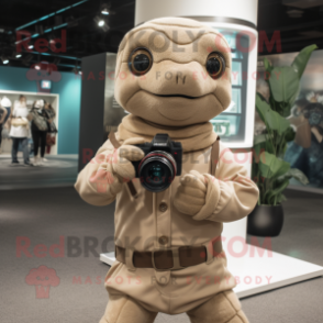 Tan Camera mascot costume character dressed with a Turtleneck and Keychains