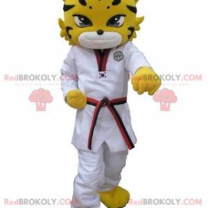 Mascotte tigre leopardo giallo vestita con un kimono bianco -