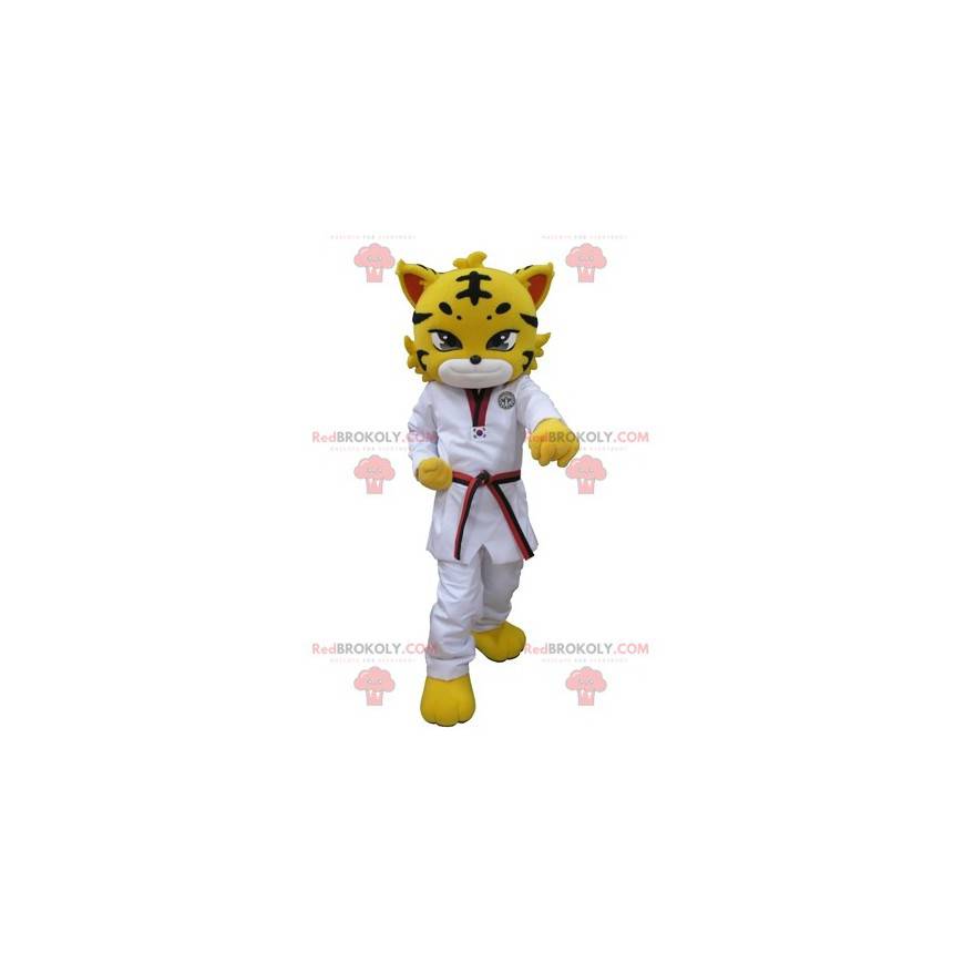 Mascote tigre leopardo amarelo vestido com um quimono branco -