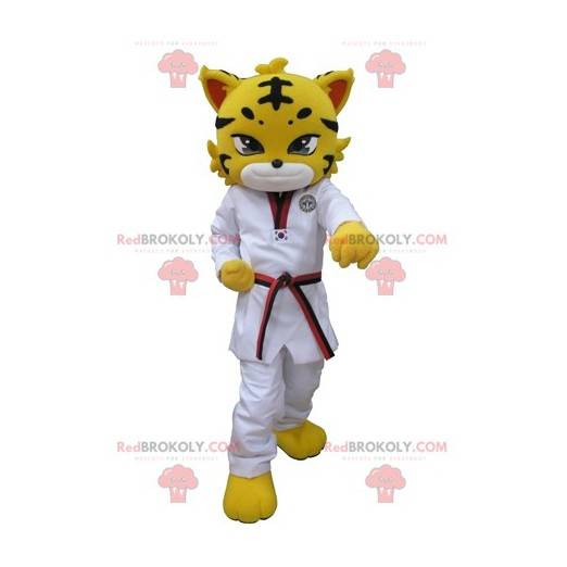 Gul leopard tiger maskot klædt i en hvid kimono - Redbrokoly.com