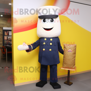 Navy Fried Rice mascot costume character dressed with a Suit and Clutch bags