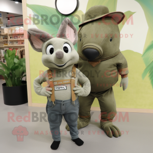 Olive Armadillo mascot costume character dressed with a Mom Jeans and Belts