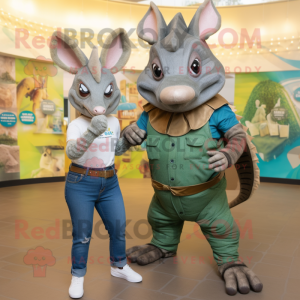 Olive Armadillo mascot costume character dressed with a Mom Jeans and Belts