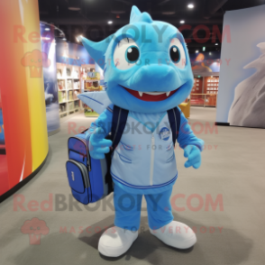 Sky Blue Barracuda mascot costume character dressed with a Long Sleeve Tee and Backpacks