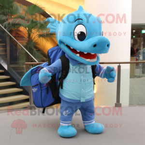 Sky Blue Barracuda mascot costume character dressed with a Long Sleeve Tee and Backpacks